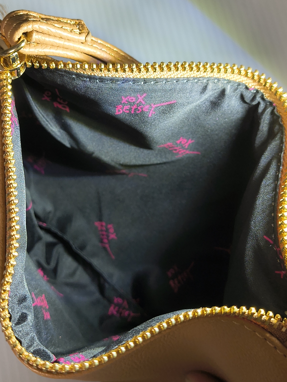 Betsey Johnson Camel Tan Pebbled Faux Leather Wristlet Pouch Clutch